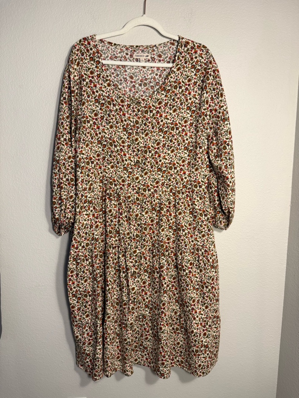 Toad&Co 100% Organic Cotton Floral Tiered Long Sleeve Dress L boho cottagecore
